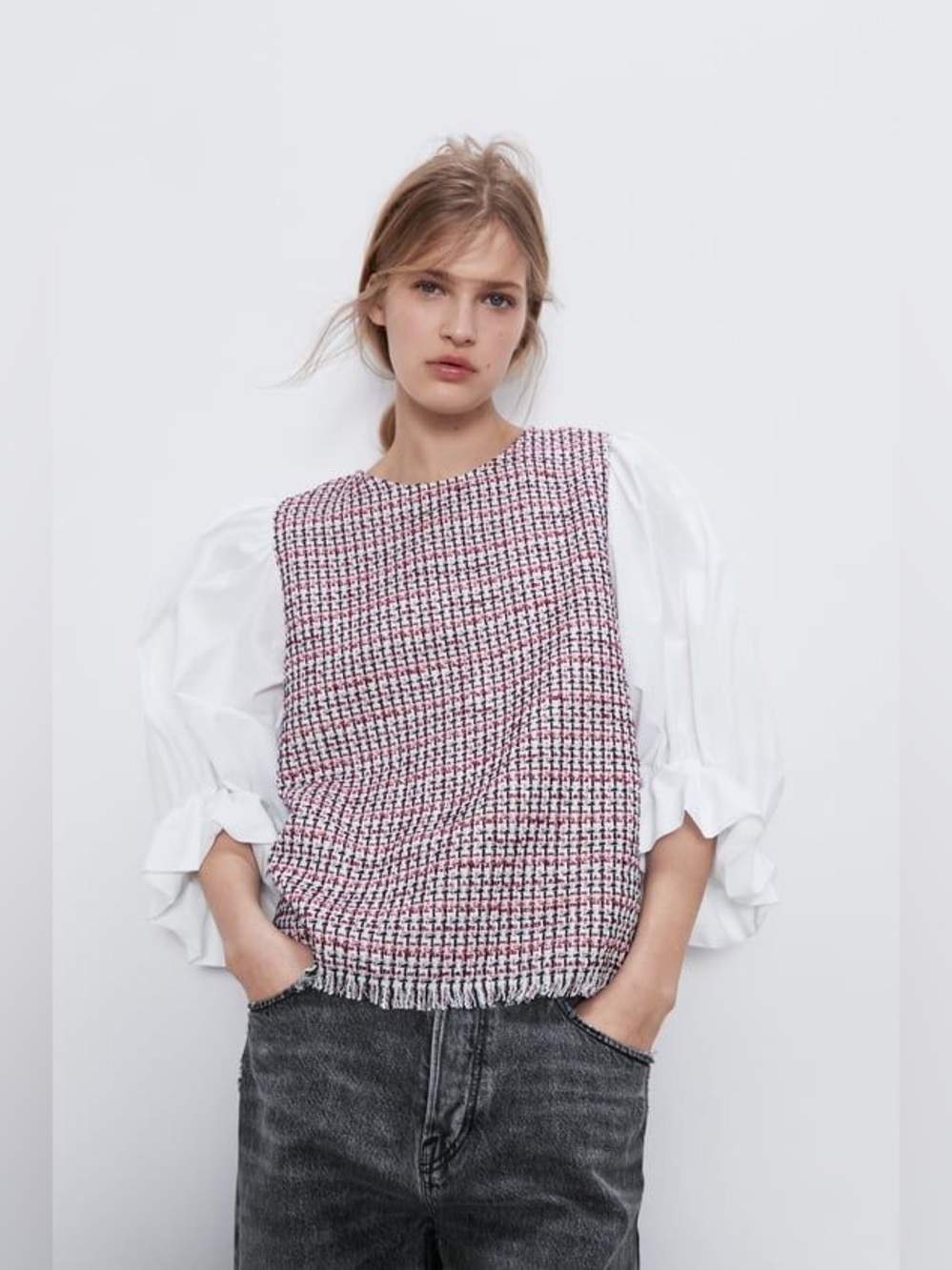 Zara Textured Tweed Blouse Puff Sleeve Red Navy White Size S